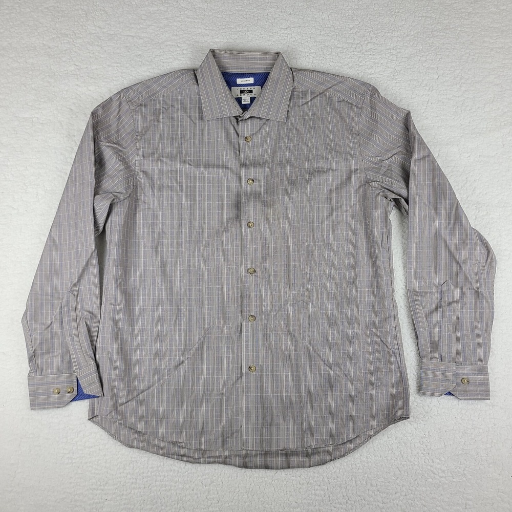 Joseph Abboud Dress Shirt Mens XL Blue Brown Plaid Non Iron Button Up‎